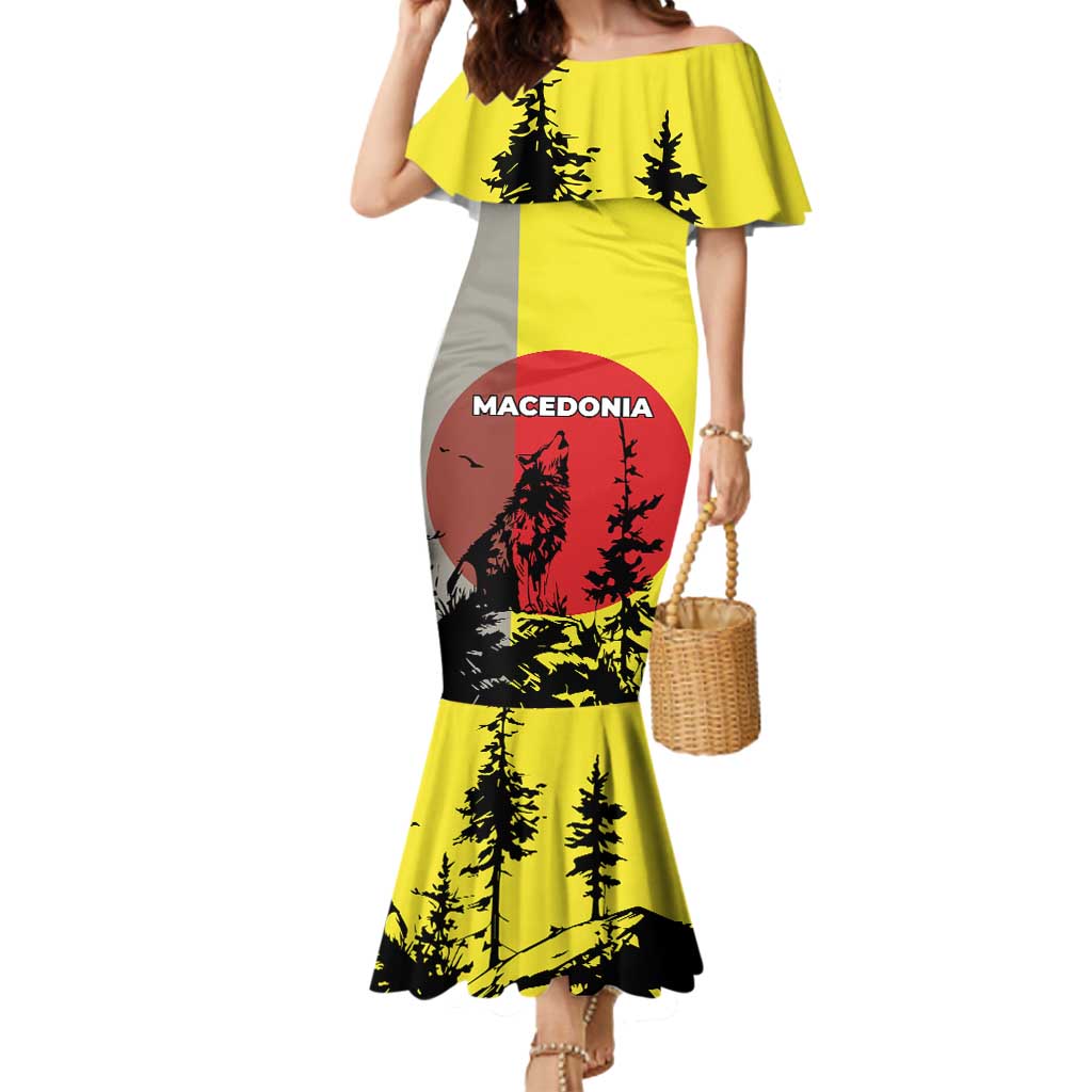 Macedonia Mermaid Dress with Howling Wolf and Sunset Forest Design - Wonder Print Shop