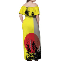 Macedonia Off Shoulder Maxi Dress with Howling Wolf and Sunset Forest Design - Wonder Print Shop