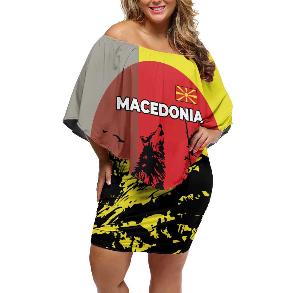 Macedonia Off Shoulder Short Dress with Howling Wolf and Sunset Forest Design - Wonder Print Shop