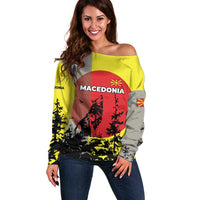 Macedonia Off Shoulder Sweater with Howling Wolf and Sunset Forest Design - Wonder Print Shop
