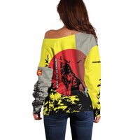 Macedonia Off Shoulder Sweater with Howling Wolf and Sunset Forest Design - Wonder Print Shop