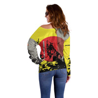 Macedonia Off Shoulder Sweater with Howling Wolf and Sunset Forest Design - Wonder Print Shop