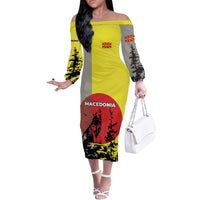 Macedonia Off The Shoulder Long Sleeve Dress with Howling Wolf and Sunset Forest Design - Wonder Print Shop