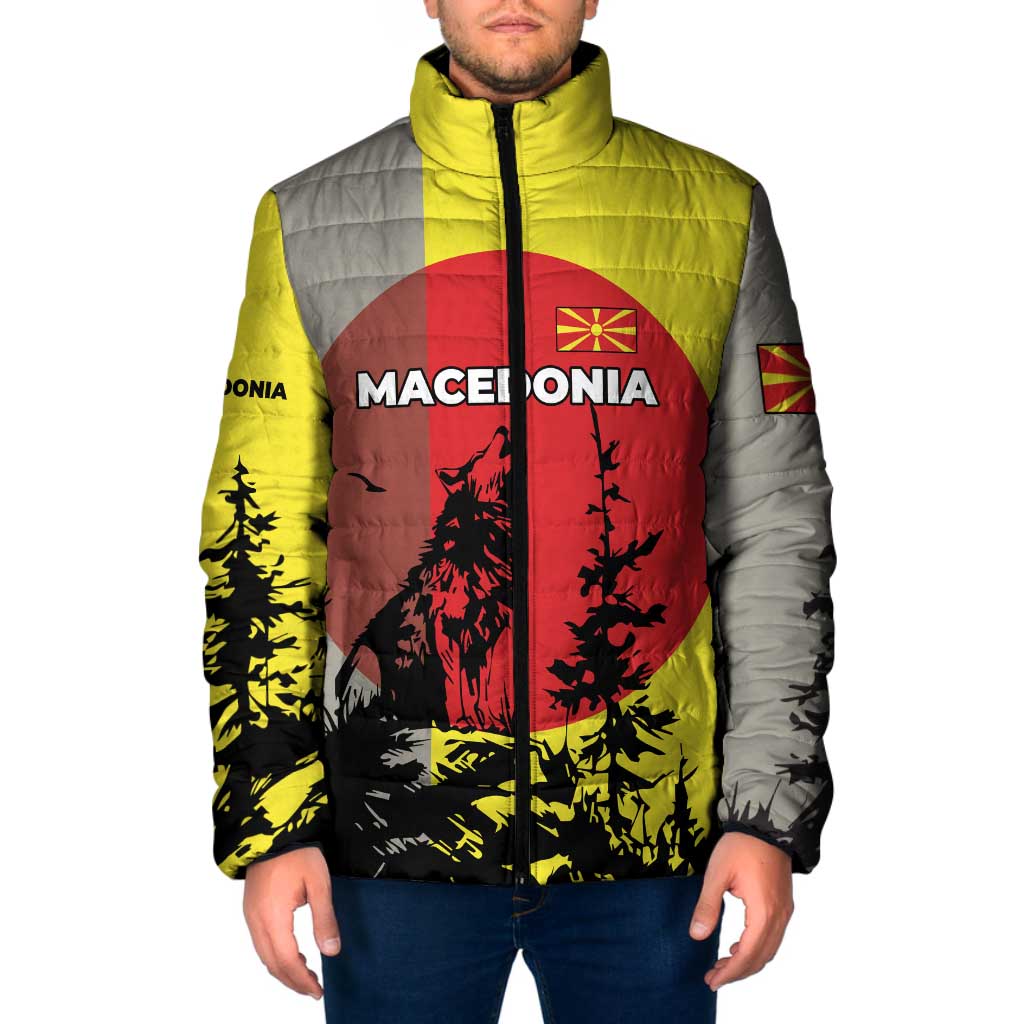 Macedonia Padded Jacket with Howling Wolf and Sunset Forest Design - Wonder Print Shop
