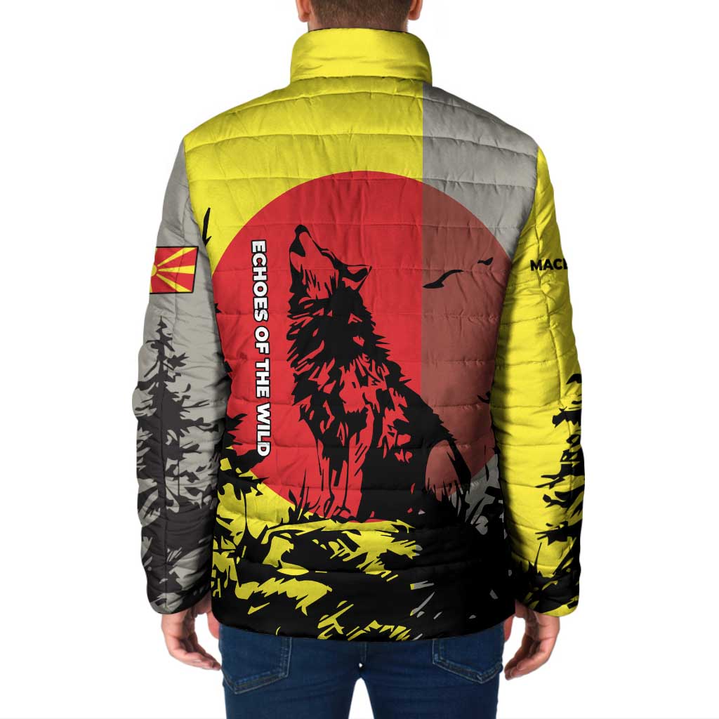 Macedonia Padded Jacket with Howling Wolf and Sunset Forest Design - Wonder Print Shop