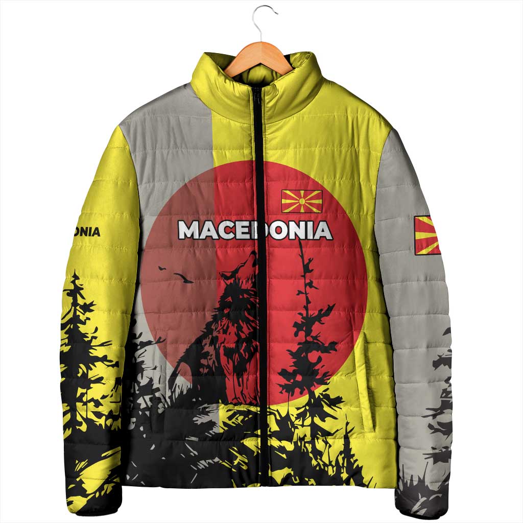 Macedonia Padded Jacket with Howling Wolf and Sunset Forest Design - Wonder Print Shop
