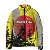 Macedonia Padded Jacket with Howling Wolf and Sunset Forest Design - Wonder Print Shop