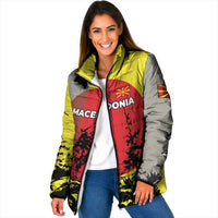 Macedonia Padded Jacket with Howling Wolf and Sunset Forest Design - Wonder Print Shop