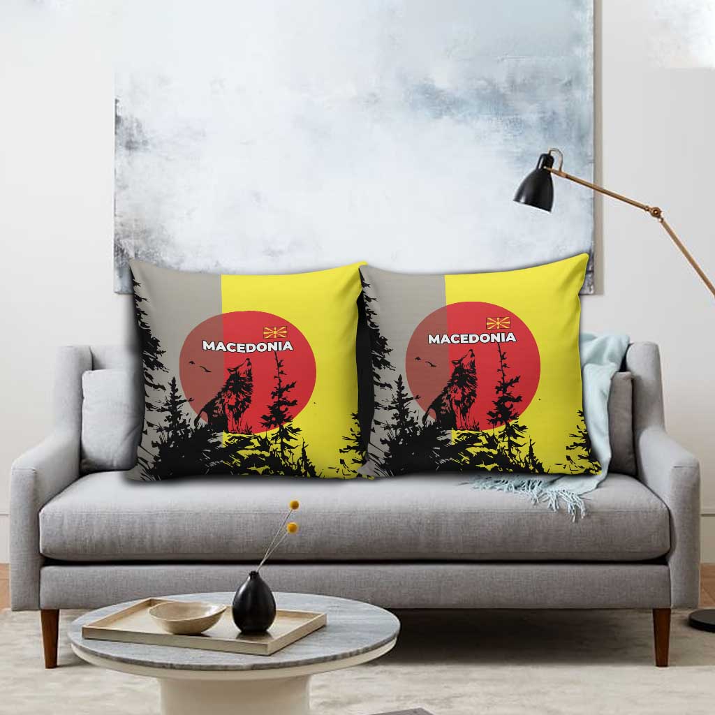 Macedonia Pillow Cover with Howling Wolf and Sunset Forest Design - Wonder Print Shop