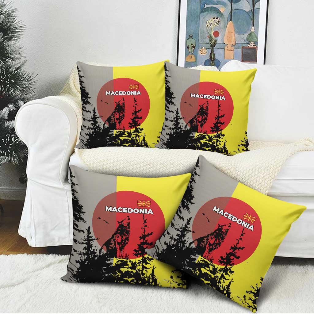 Macedonia Pillow Cover with Howling Wolf and Sunset Forest Design - Wonder Print Shop