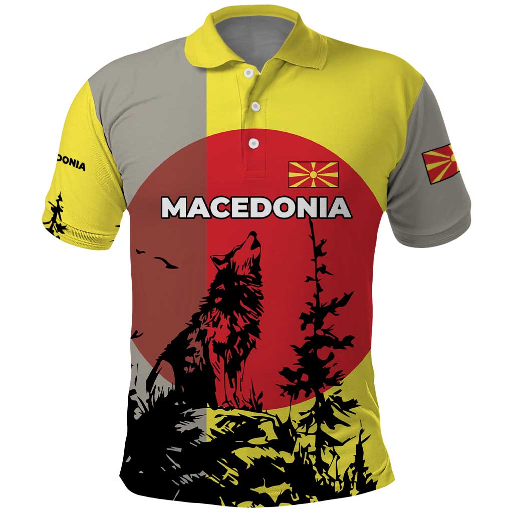 Macedonia Polo Shirt with Howling Wolf and Sunset Forest Design - Wonder Print Shop