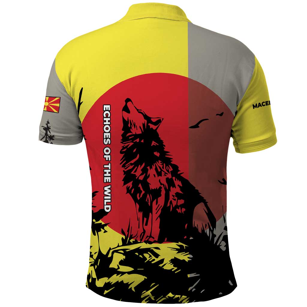Macedonia Polo Shirt with Howling Wolf and Sunset Forest Design - Wonder Print Shop