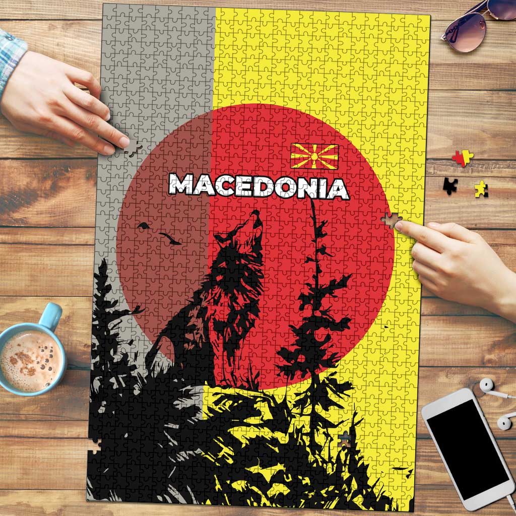Macedonia Puzzle with Howling Wolf and Sunset Forest Design - Wonder Print Shop