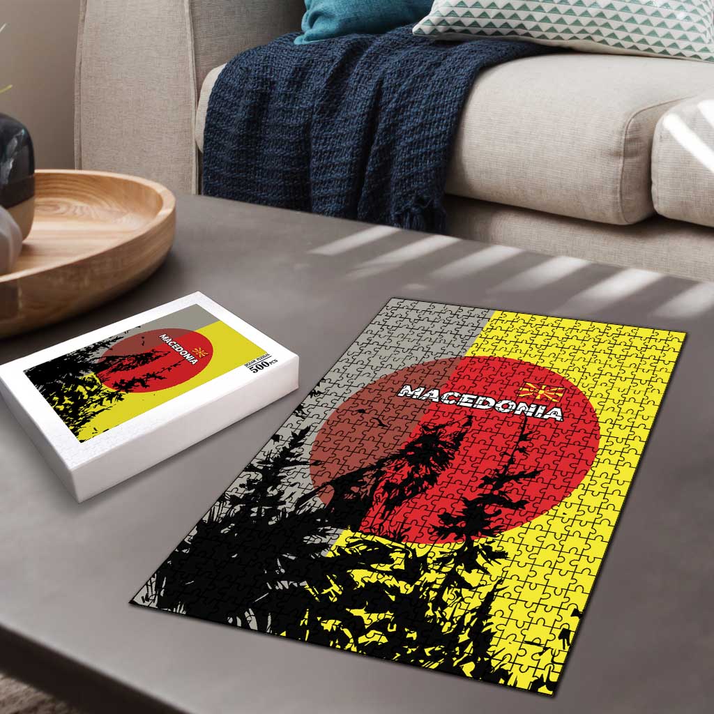 Macedonia Puzzle with Howling Wolf and Sunset Forest Design - Wonder Print Shop