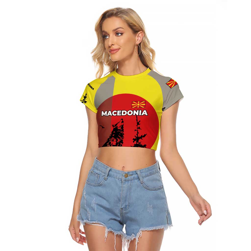 Macedonia Raglan Cropped T Shirt with Howling Wolf and Sunset Forest Design - Wonder Print Shop