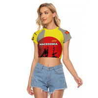 Macedonia Raglan Cropped T Shirt with Howling Wolf and Sunset Forest Design - Wonder Print Shop