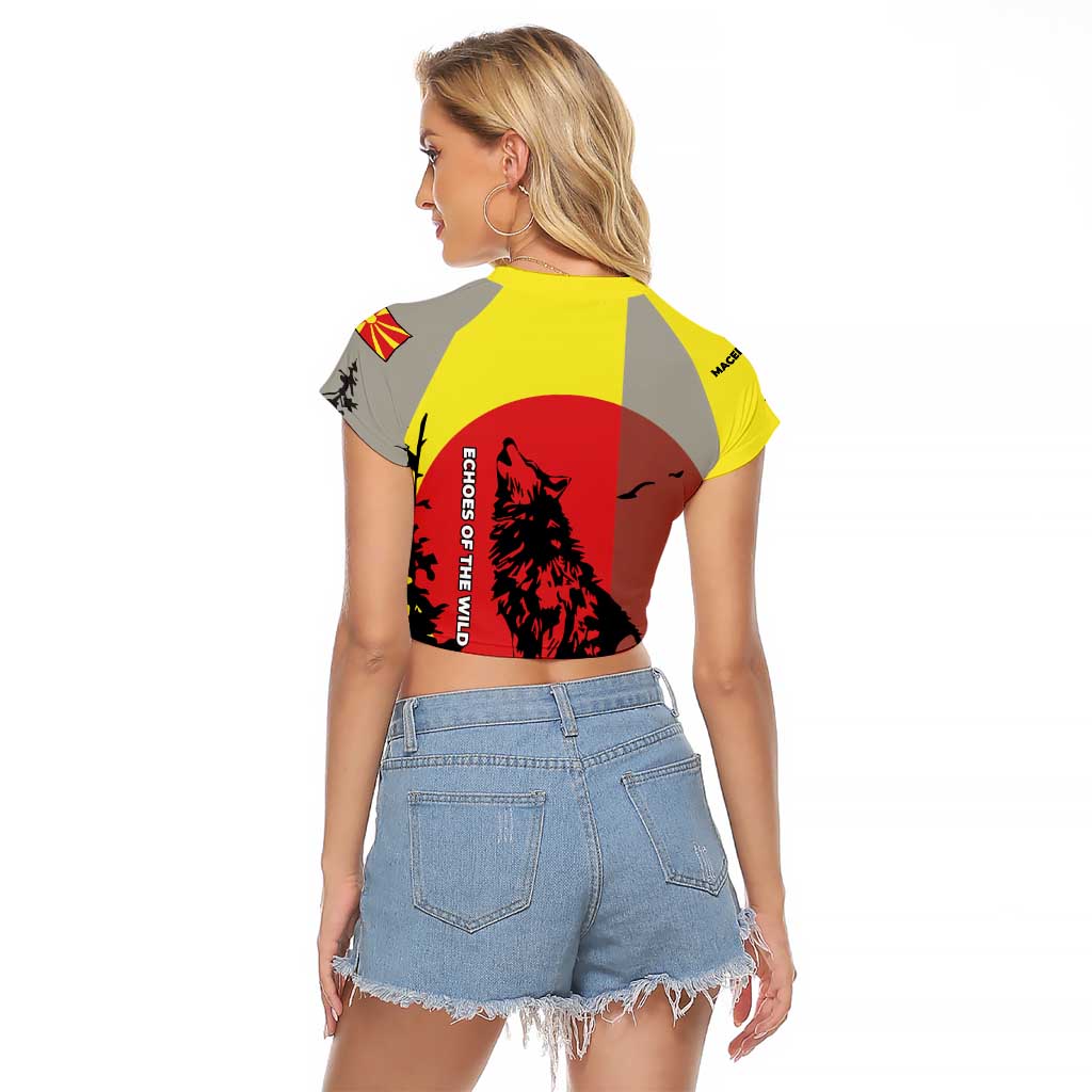 Macedonia Raglan Cropped T Shirt with Howling Wolf and Sunset Forest Design - Wonder Print Shop