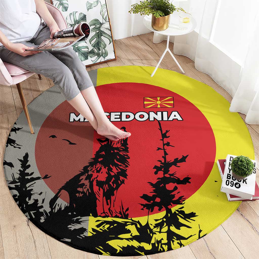 Macedonia Round Carpet with Howling Wolf and Sunset Forest Design - Wonder Print Shop