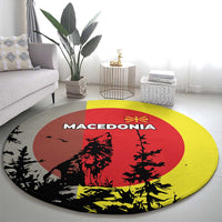 Macedonia Round Carpet with Howling Wolf and Sunset Forest Design - Wonder Print Shop