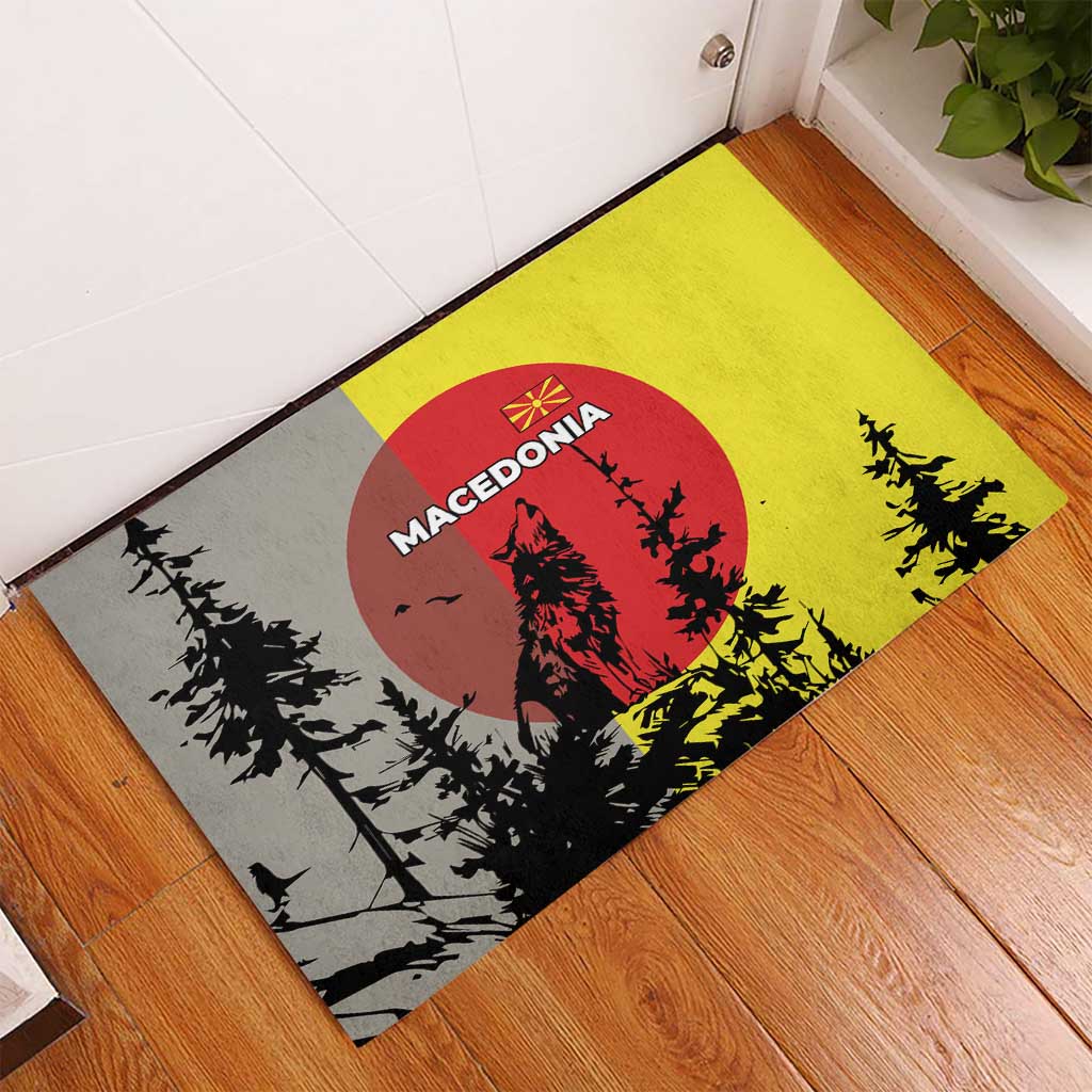 Macedonia Rubber Doormat with Howling Wolf and Sunset Forest Design - Wonder Print Shop
