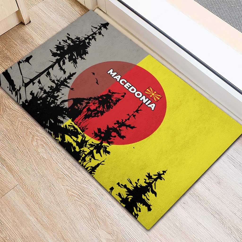 Macedonia Rubber Doormat with Howling Wolf and Sunset Forest Design - Wonder Print Shop
