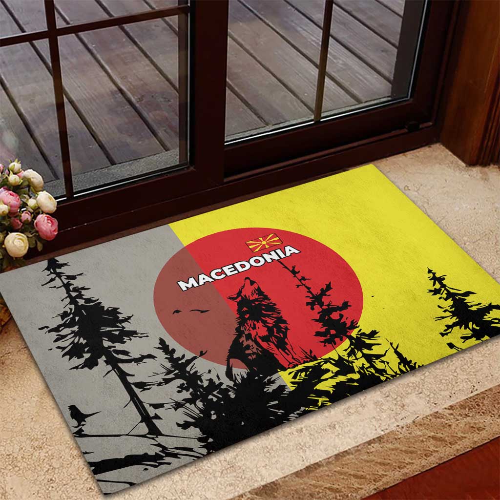 Macedonia Rubber Doormat with Howling Wolf and Sunset Forest Design - Wonder Print Shop
