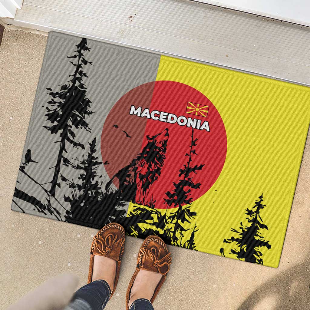Macedonia Rubber Doormat with Howling Wolf and Sunset Forest Design - Wonder Print Shop