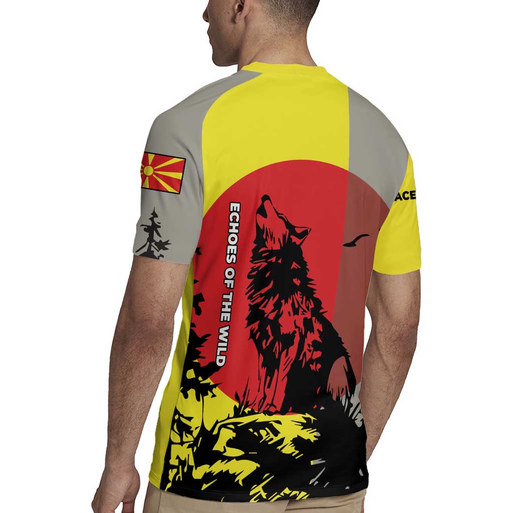 Macedonia Rugby Jersey with Howling Wolf and Sunset Forest Design - Wonder Print Shop