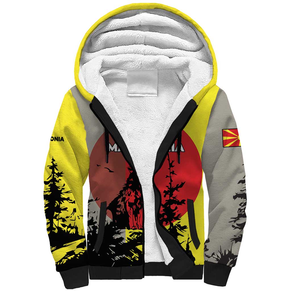 Macedonia Sherpa Hoodie with Howling Wolf and Sunset Forest Design - Wonder Print Shop