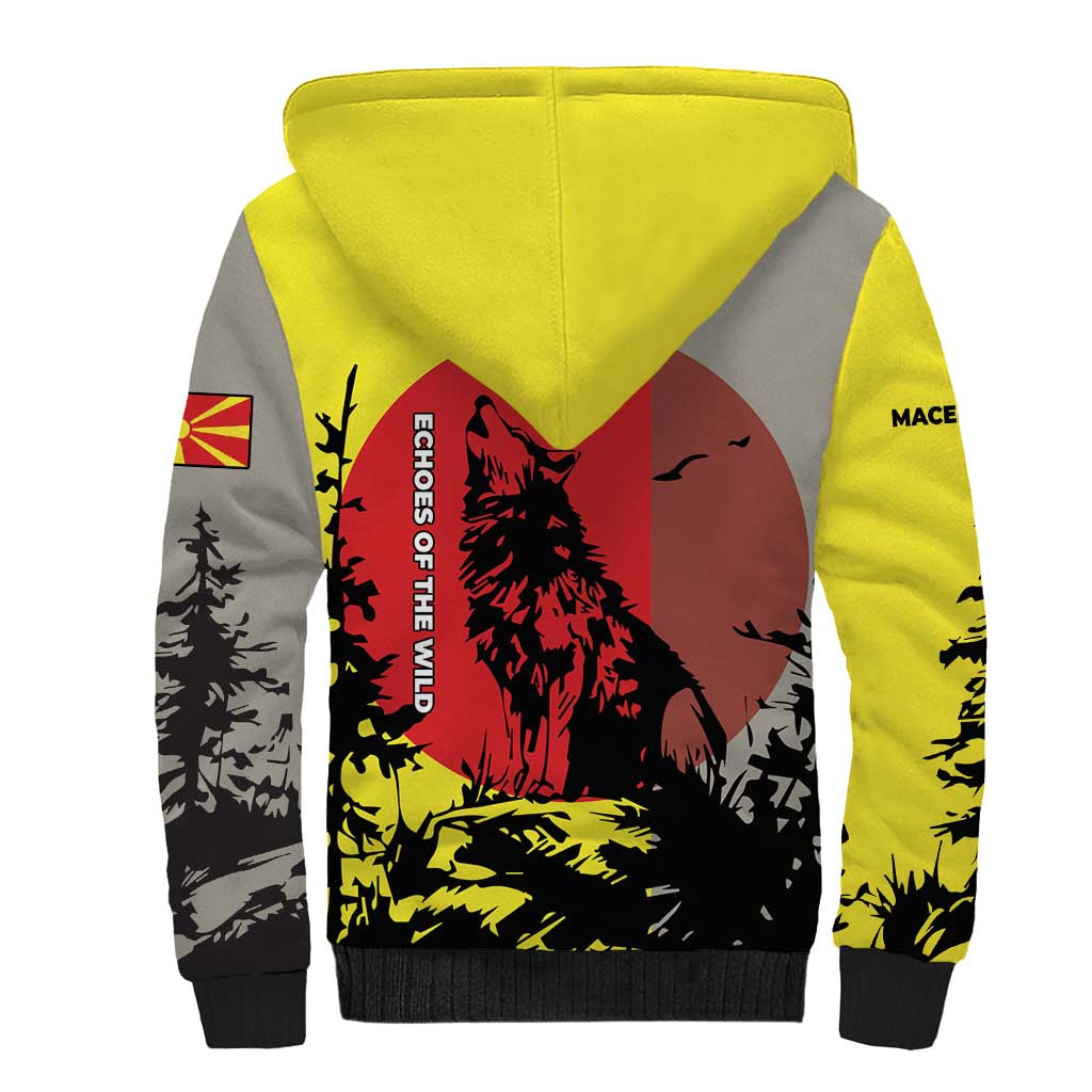 Macedonia Sherpa Hoodie with Howling Wolf and Sunset Forest Design - Wonder Print Shop