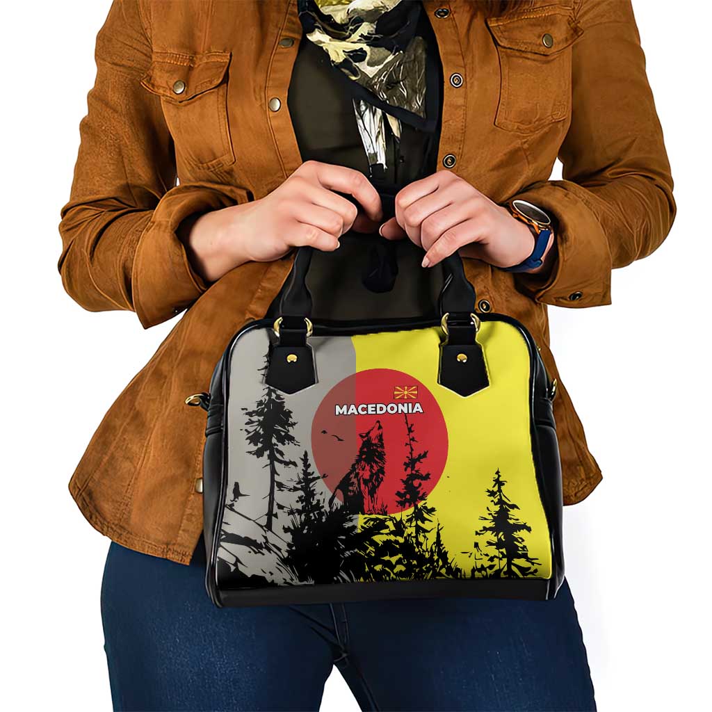 Macedonia Shoulder Handbag with Howling Wolf and Sunset Forest Design - Wonder Print Shop
