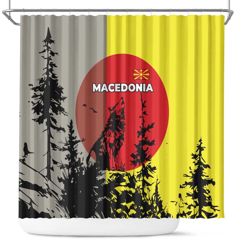 Macedonia Shower Curtain with Howling Wolf and Sunset Forest Design - Wonder Print Shop