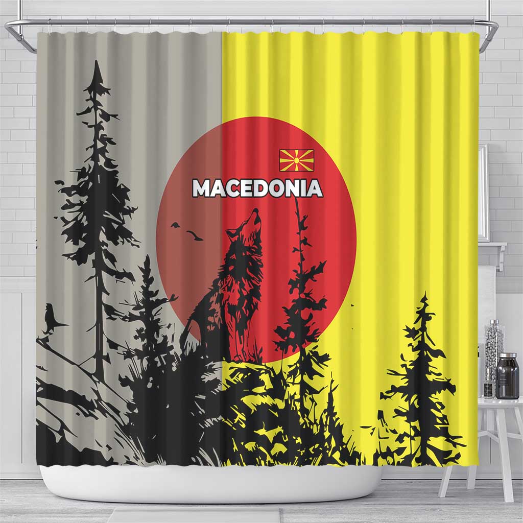 Macedonia Shower Curtain with Howling Wolf and Sunset Forest Design - Wonder Print Shop