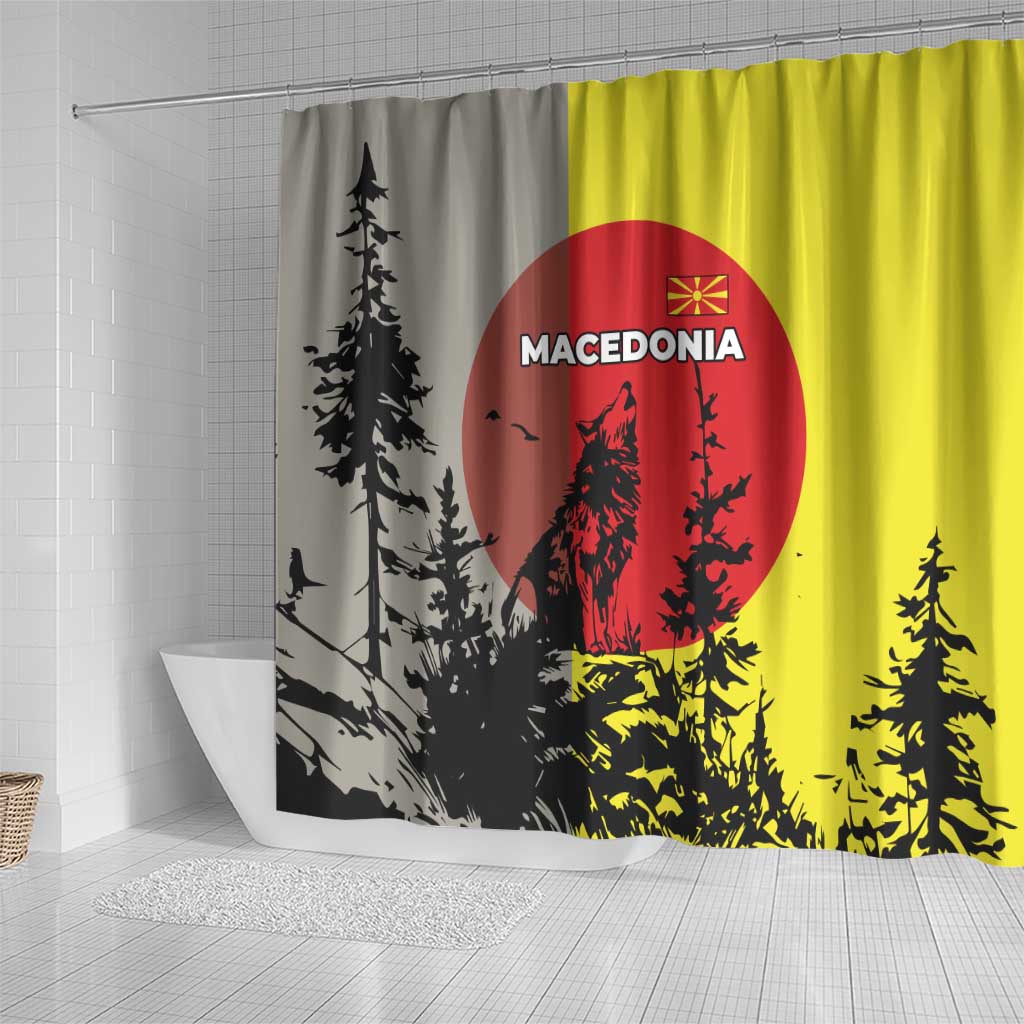 Macedonia Shower Curtain with Howling Wolf and Sunset Forest Design - Wonder Print Shop