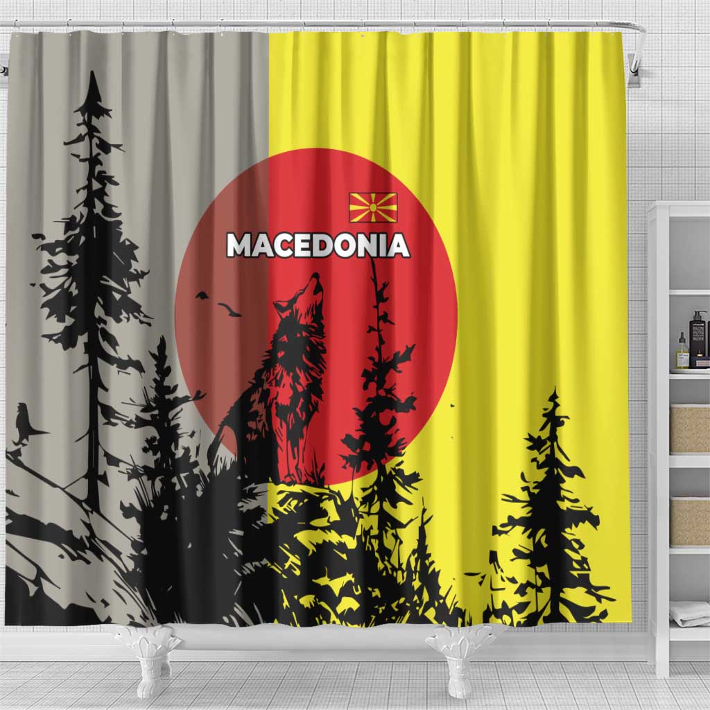 Macedonia Shower Curtain with Howling Wolf and Sunset Forest Design - Wonder Print Shop