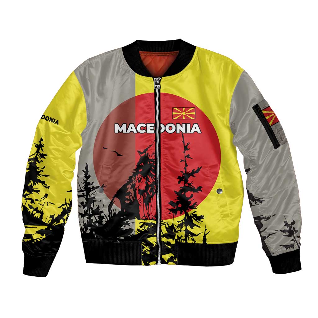 Macedonia Sleeve Zip Bomber Jacket with Howling Wolf and Sunset Forest Design - Wonder Print Shop