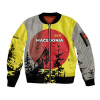 Macedonia Sleeve Zip Bomber Jacket with Howling Wolf and Sunset Forest Design - Wonder Print Shop