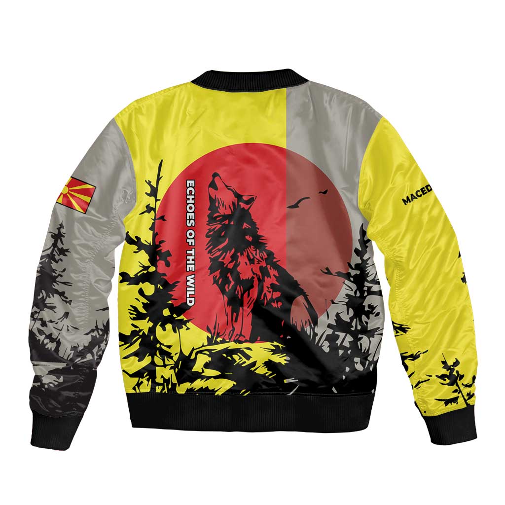 Macedonia Sleeve Zip Bomber Jacket with Howling Wolf and Sunset Forest Design - Wonder Print Shop