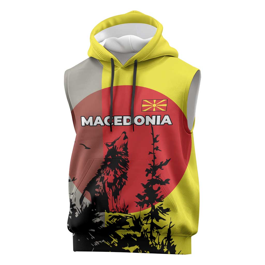 Macedonia Sleeveless Hoodie with Howling Wolf and Sunset Forest Design - Wonder Print Shop