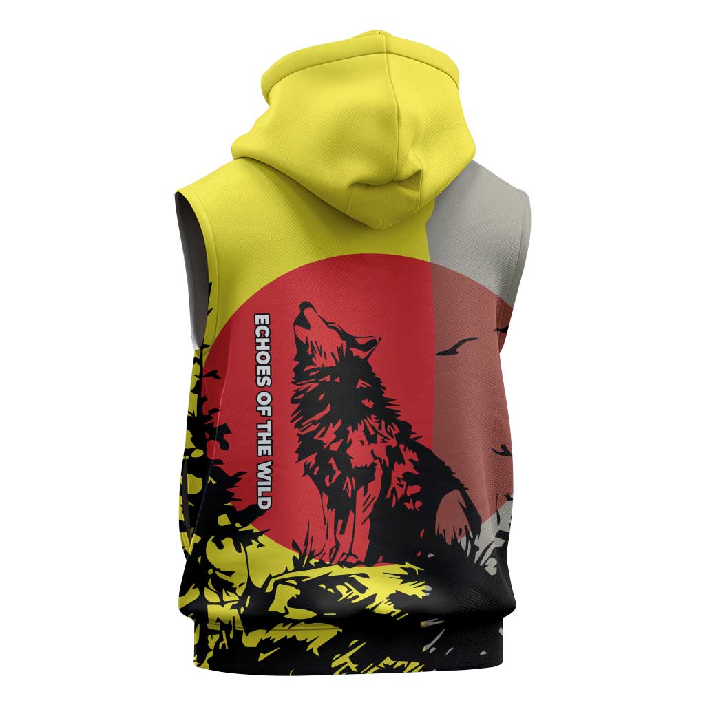 Macedonia Sleeveless Hoodie with Howling Wolf and Sunset Forest Design - Wonder Print Shop