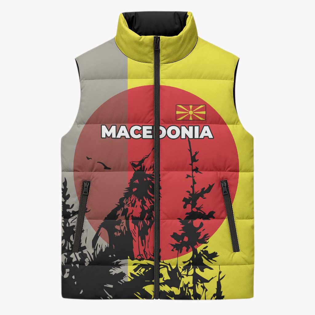 Macedonia Sleeveless Puffer Jacket with Howling Wolf and Sunset Forest Design - Wonder Print Shop