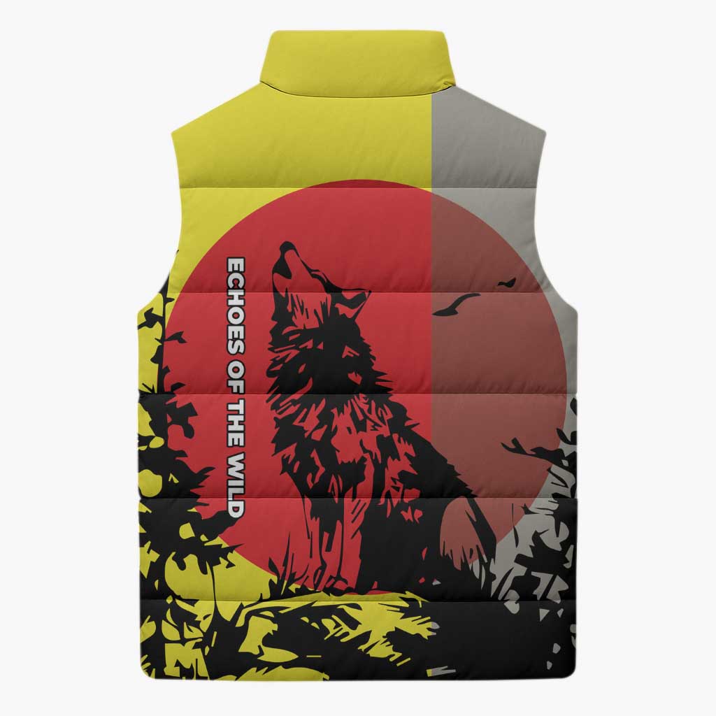 Macedonia Sleeveless Puffer Jacket with Howling Wolf and Sunset Forest Design - Wonder Print Shop