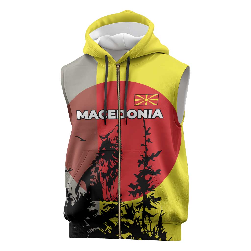 Macedonia Sleeveless Zip Hoodie with Howling Wolf and Sunset Forest Design - Wonder Print Shop