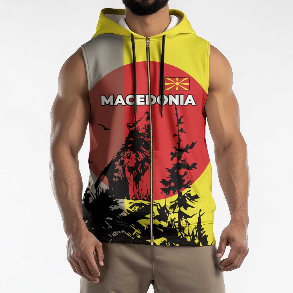Macedonia Sleeveless Zip Hoodie with Howling Wolf and Sunset Forest Design - Wonder Print Shop