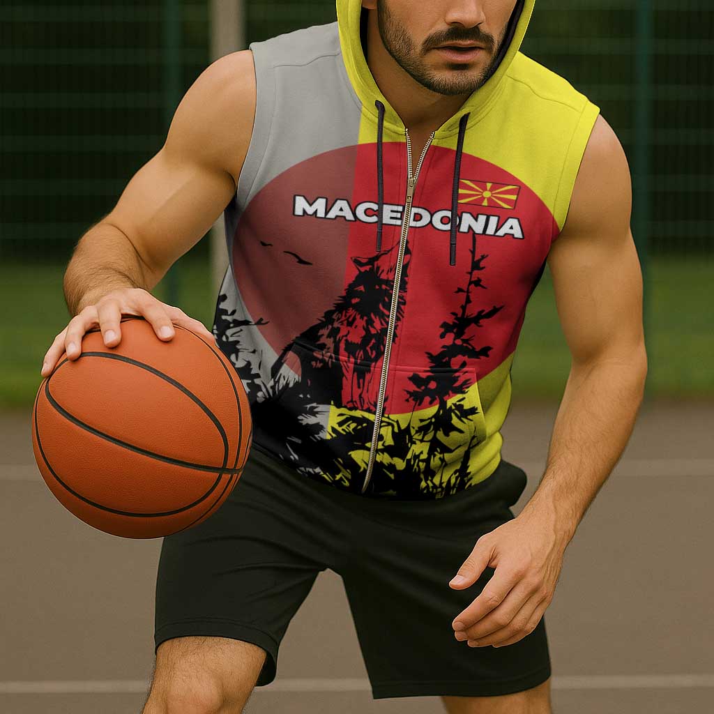 Macedonia Sleeveless Zip Hoodie with Howling Wolf and Sunset Forest Design - Wonder Print Shop