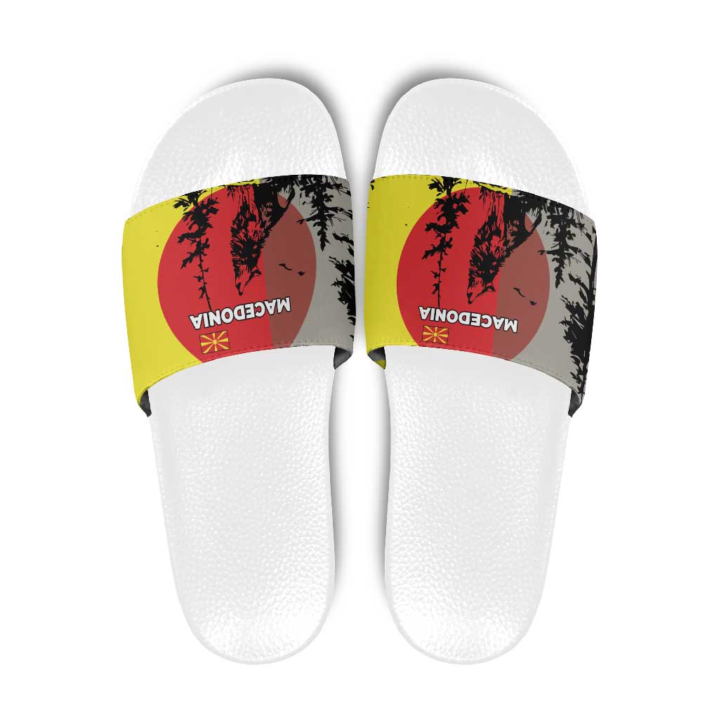 Macedonia Slide Sandals with Howling Wolf and Sunset Forest Design - Wonder Print Shop