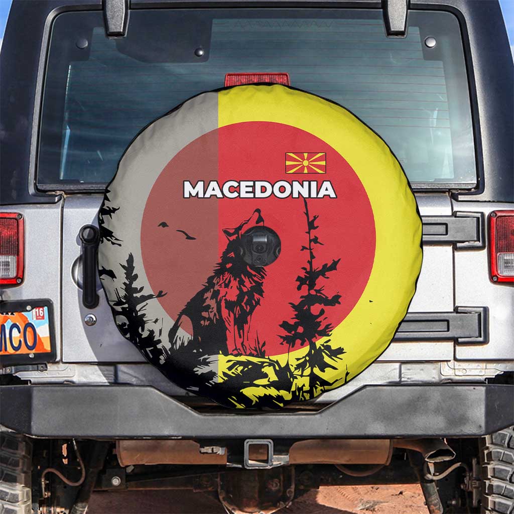 Macedonia Spare Tire Cover with Howling Wolf and Sunset Forest Design - Wonder Print Shop