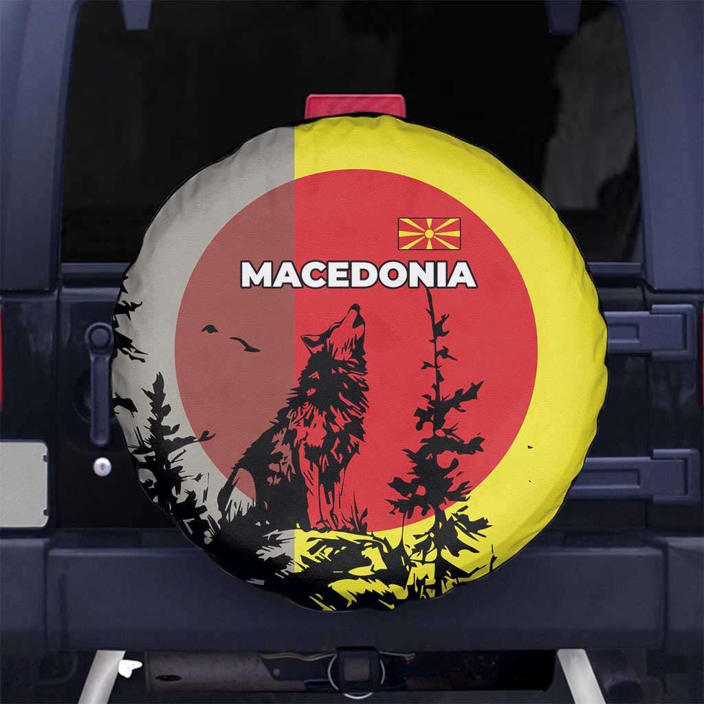 Macedonia Spare Tire Cover with Howling Wolf and Sunset Forest Design - Wonder Print Shop