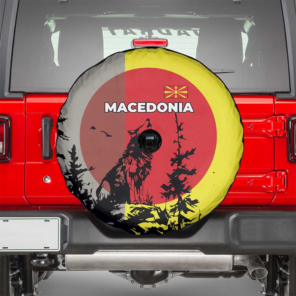Macedonia Spare Tire Cover with Howling Wolf and Sunset Forest Design - Wonder Print Shop