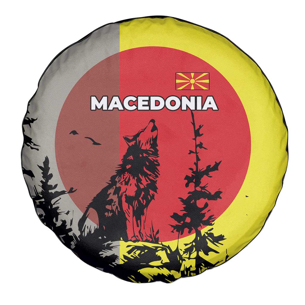 Macedonia Spare Tire Cover with Howling Wolf and Sunset Forest Design - Wonder Print Shop